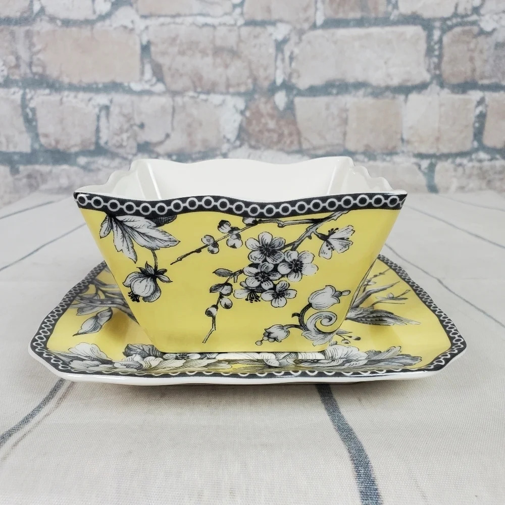 222 Fifth Adelaide Pattern  Appetizer Plate and Square Bowl (x2) Yellow Toile